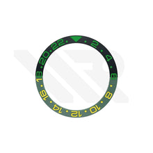 Lade das Bild in den Galerie-Viewer, GMT-24 Keramik-Lünetteneinsatz, abgeschrägt, mattiert, schwarz-grün für SKX/SRPD: Grün-Gelb