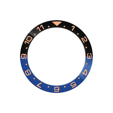Carica l'immagine nel visualizzatore di Gallery, Dual Time Ceramic Sloped Bezel Insert for SKX/SRPD - Black/Blue (Rose Gold Numbers)