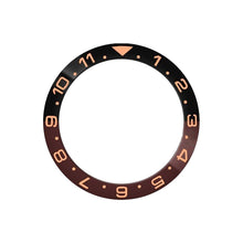 Carica l'immagine nel visualizzatore di Gallery, Dual Time Ceramic Sloped Bezel Insert for SKX/SRPD - Black/Coffee (Rose Gold Numbers)