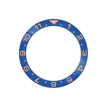 Carica l'immagine nel visualizzatore di Gallery, Dual Time Ceramic Sloped Bezel Insert for SKX/SRPD - Blue (Rose Gold Numbers)