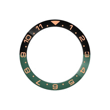 Carica l'immagine nel visualizzatore di Gallery, Dual Time Ceramic Sloped Bezel Insert for SKX/SRPD - Green/Black (Rose Gold Numbers)