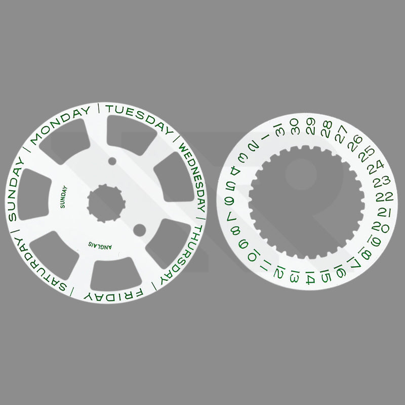 Replacement Day-Date Disc Compatible with Swiss Cal. 3255 - White - Green Font