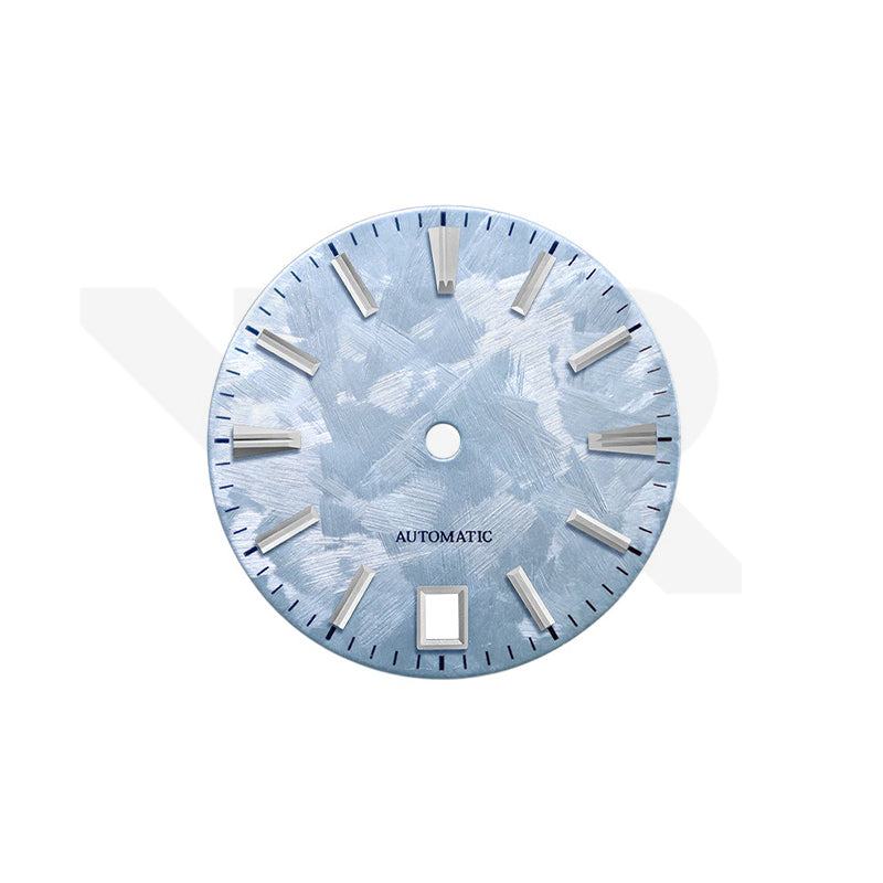 GS Shunbun-Stil, eisblaues Zifferblatt für Seiko-Modell: Silberne GS-Stil-Indizes mit Datumsanzeige bei 6 Uhr.