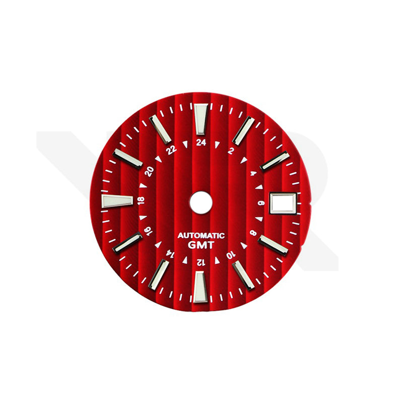 Genfer Streifen-GMT-Zifferblatt für Seiko NH34 Mod: Rotes Zifferblatt, silberne Indizes
