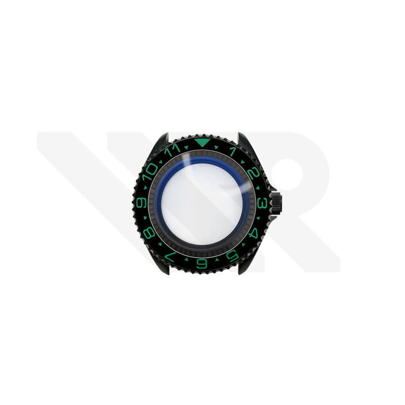 Polished Black SKX 3 O'clock Case Set for Seiko Mod: Black Green Dual Time GMT Style