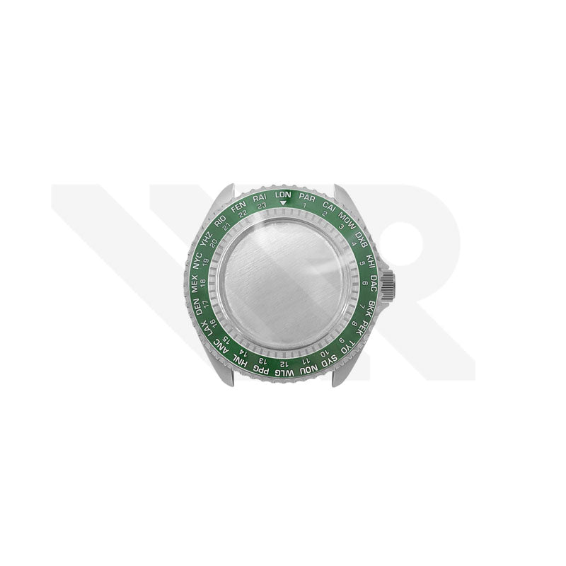 Sandblasted Silver SKX 3 O'clock Case Set for Seiko Mod: Green Worldtimer Style