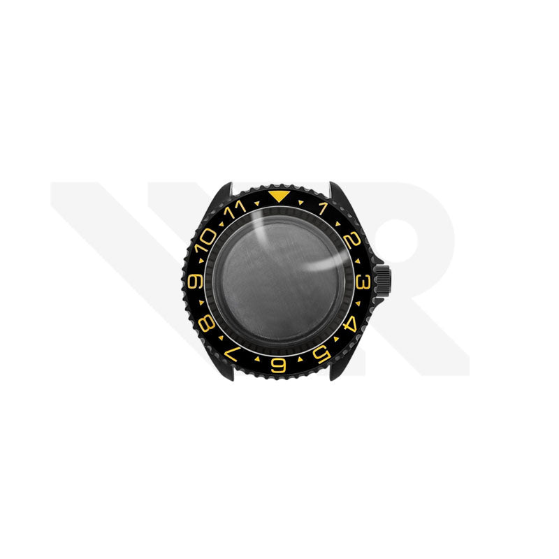 Sandblasted Black SKX 3 O'clock Case Set for Seiko Mod: Black Yellow Dual Time GMT Style