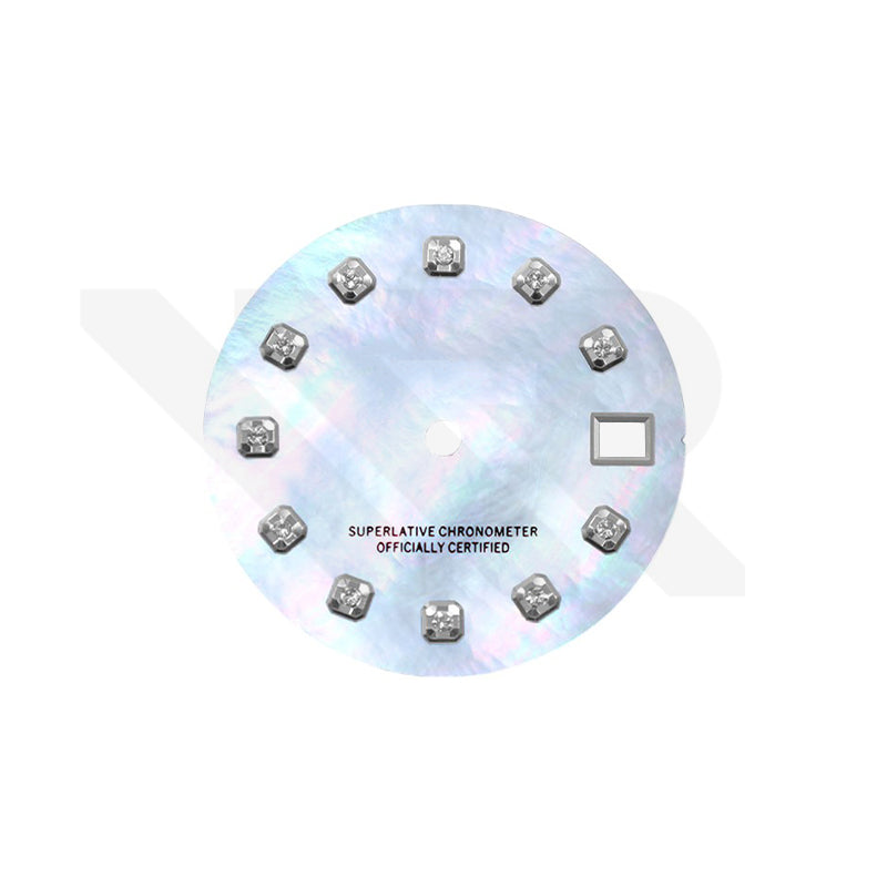Date Just Style Mother of Pearl Dial with Zirconia Indices for Seiko Mod: White MOP Without Minute Marker