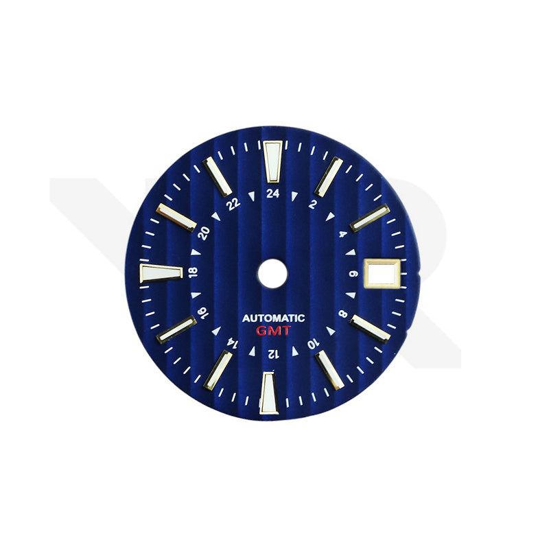 Genfer Streifen-GMT-Zifferblatt für Seiko NH34 Mod: Blaues Zifferblatt, goldene Indizes