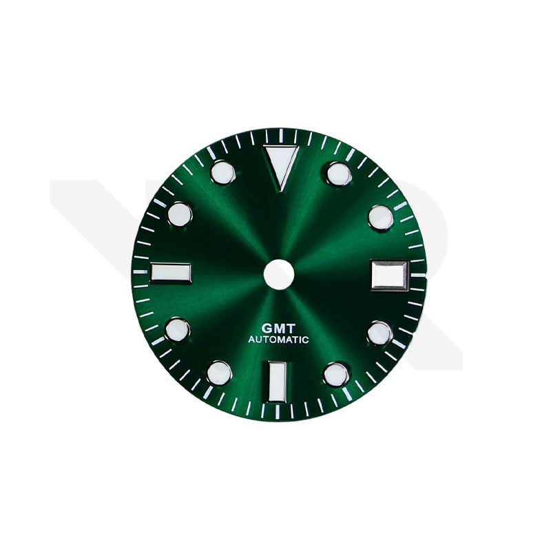 GMT-Zifferblatt mit grünem Sonnenschliff für Seiko NH34 Mod: Sub Style Silberne Indizes