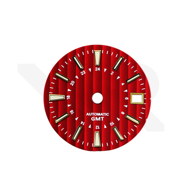 Genfer Streifen-GMT-Zifferblatt für Seiko NH34 Mod: Rotes Zifferblatt, goldene Indizes