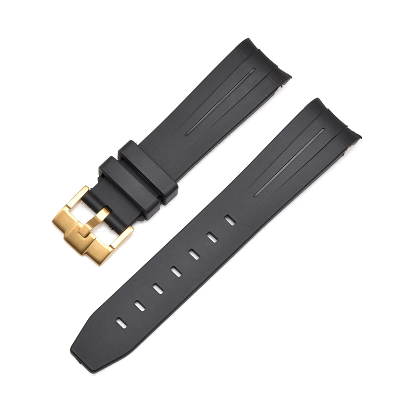 Curved End Silicon Strap for SKX/SRPD - Black (Gold Buckle)
