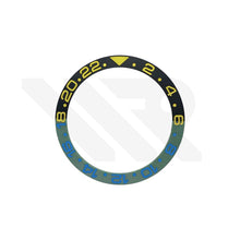 Lade das Bild in den Galerie-Viewer, GMT-24 Ceramic Sloped Matte Finished Black-Green Bezel Insert for SKX/SRPD: Yellow-Blue
