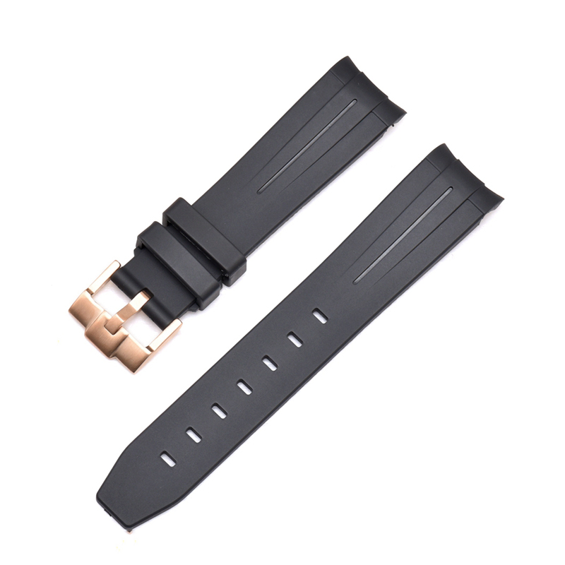Curved End Silicon Strap for SKX/SRPD - Black (Rose Gold Buckle)