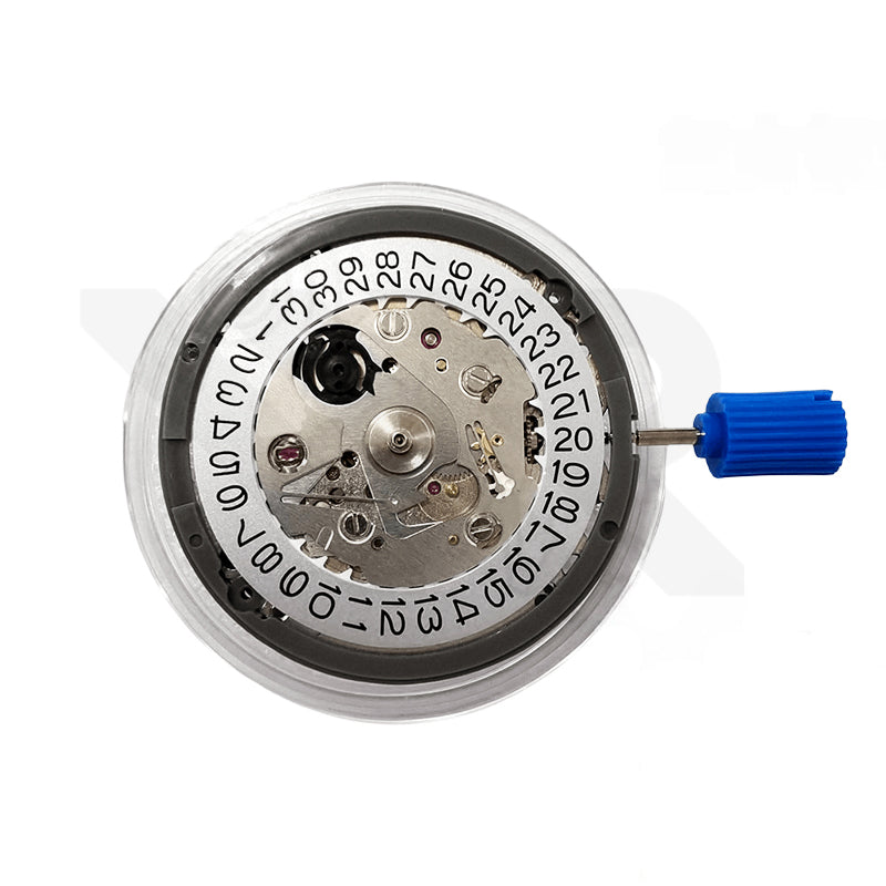 A Seiko (SII) NH35A Automatic Movement with a silver and black color scheme, featuring a rotor, gears, and a date calendar at the 3 o'clock position.