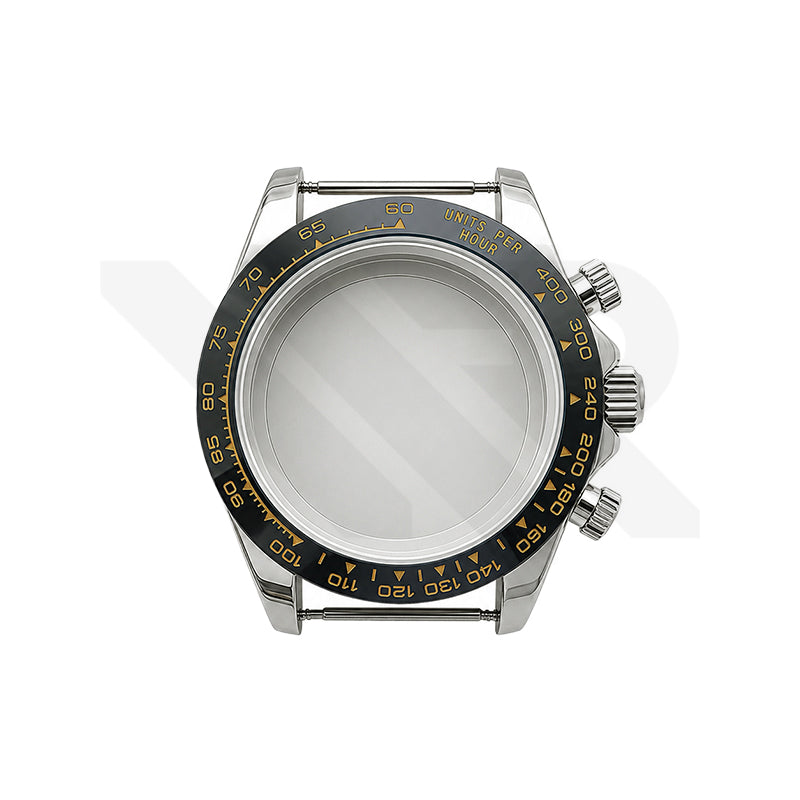 Stainless Steel Seikona Case Set for Daytona Seiko Mod: Black Ceramic Bezel Gold Index