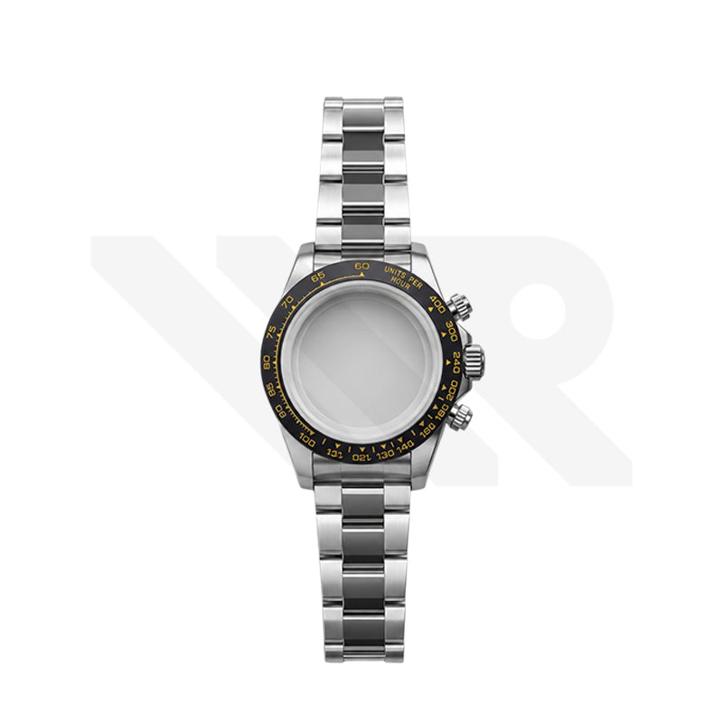 Stainless Steel Seikona Case Set for Daytona Seiko Mod: Black Ceramic Bezel Gold Index