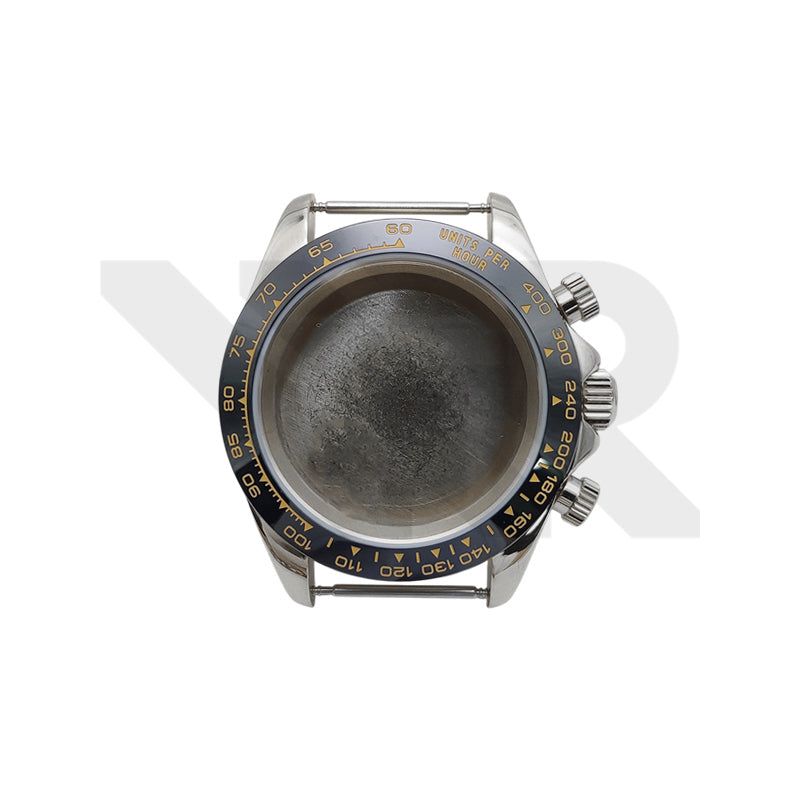 Stainless Steel Seikona Case Set for Daytona Seiko Mod: Black Ceramic Bezel Gold Index