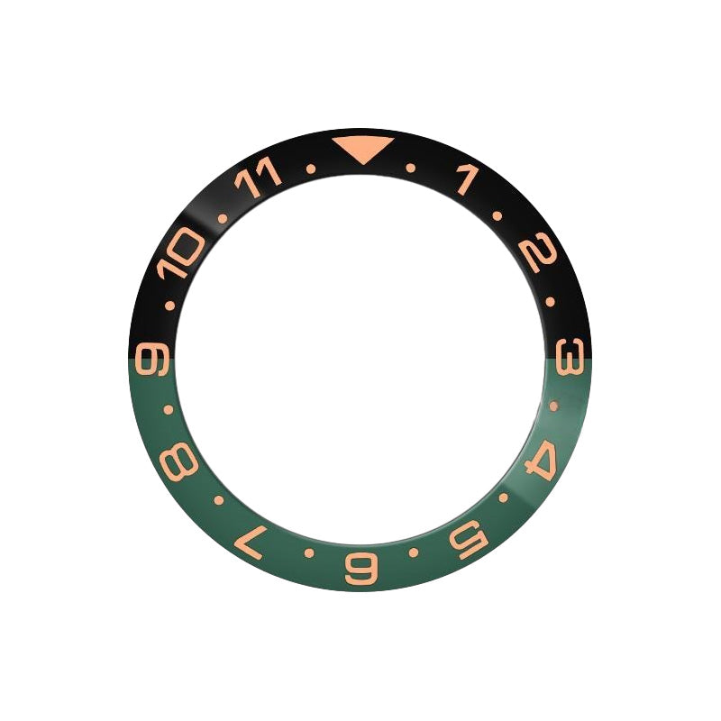 Dual Time Ceramic Sloped Bezel Insert for SKX/SRPD - Green/Black (Rose Gold Numbers)